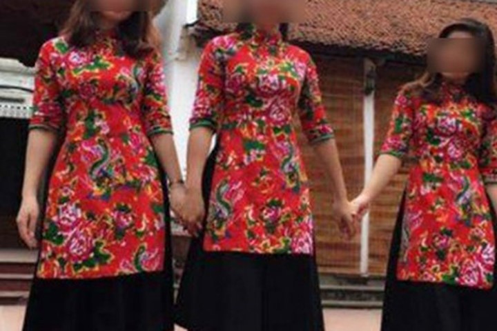 Áo dài nữ cách tân đỏ ren 2 lớp - Trang phục biểu diễn Hoa Mai