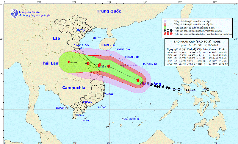 Dự báo hướng di chuyển của bão số 5 đang ở Biển đông dự kiến đổ bộ vào đất liền vào ngày 18/9.