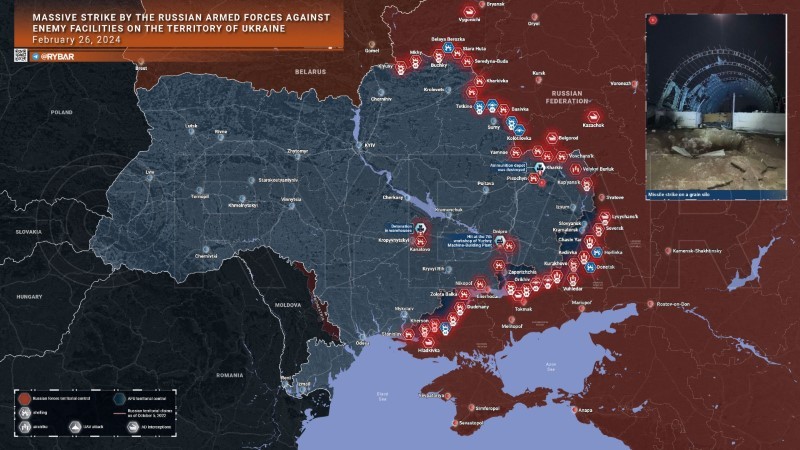 Bản đồ chiến sự Ukraine ngày 26/2. (Ảnh: Rybar)