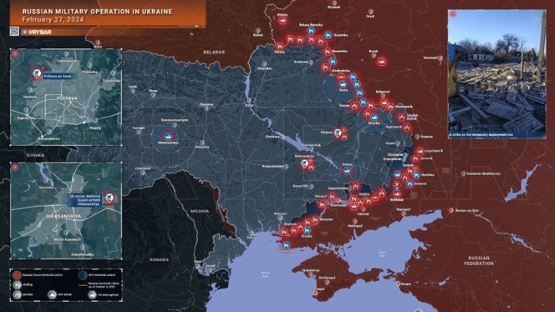 Bản đồ chiến sự Ukraine ngày 27/2. (Ảnh: Rybar)