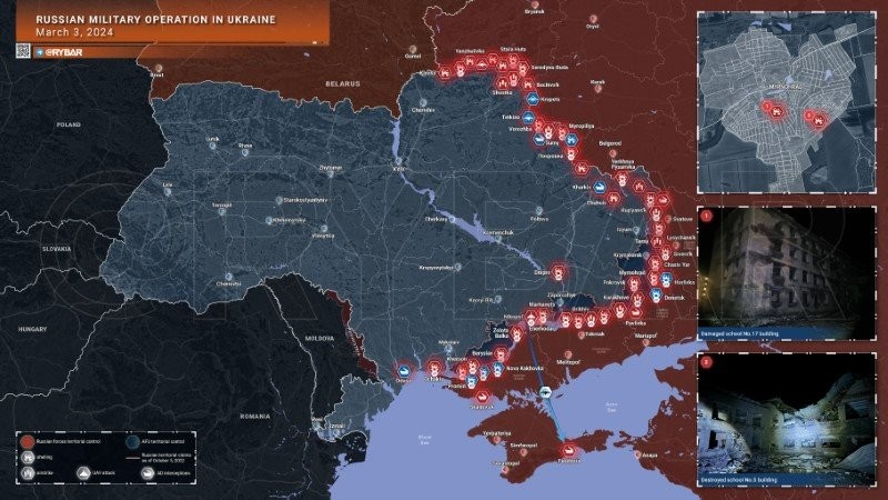 Bản đồ chiến sự Ukraine ngày 3/3. (Ảnh: Rybar)