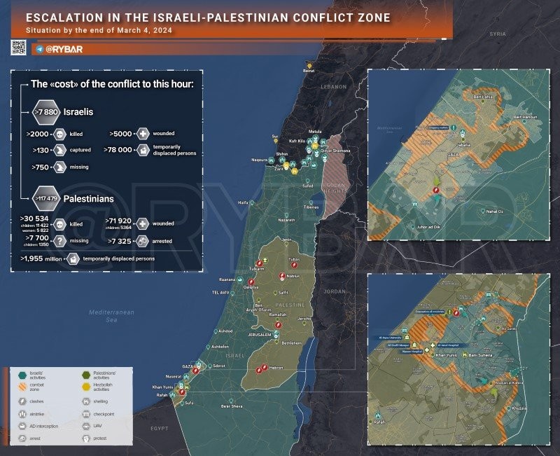 Bản đồ xung đột Israel - Hamas ngày 4/3. (Ảnh: Rybar)