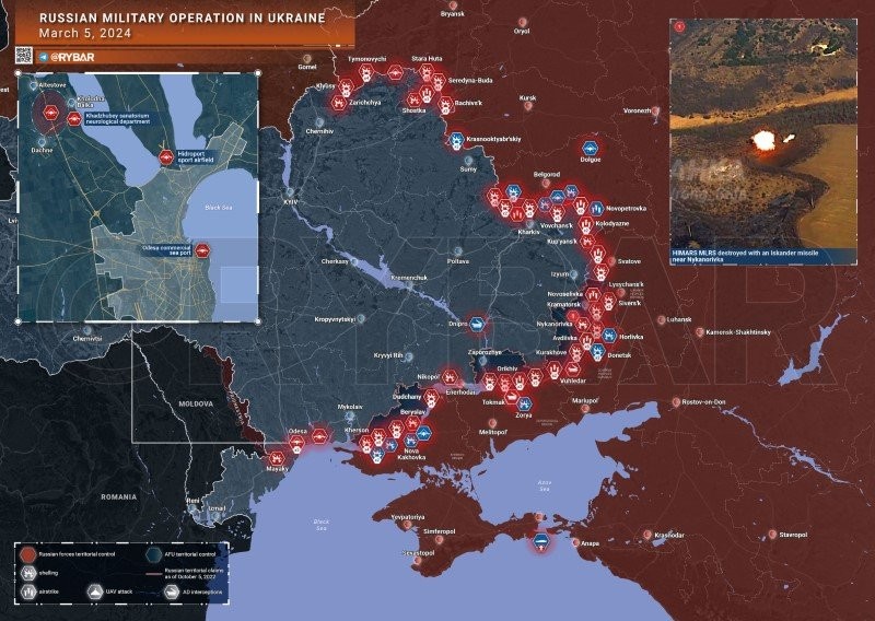 Bản đồ chiến sự Ukraine ngày 5/3. (Ảnh: Rybar)