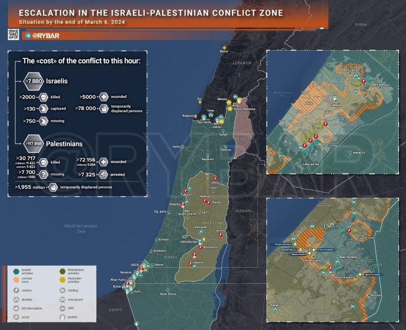 Bản đồ xung đột Israel - Hamas ngày 6/3. (Ảnh: Rybar)