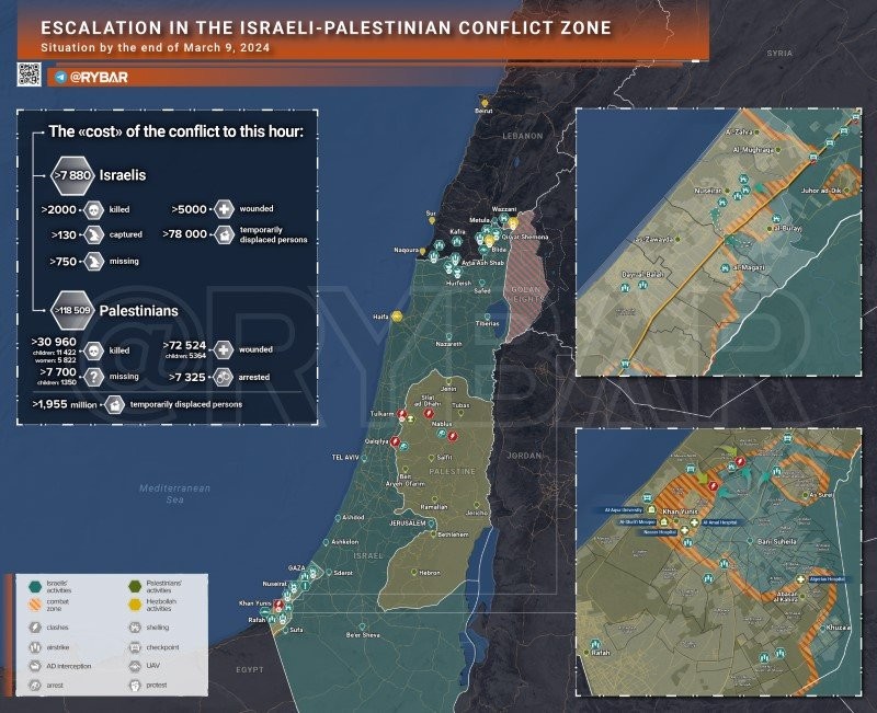 Bản đồ xung đột Israel - Hamas ngày 9/3. (Ảnh: Rybar)