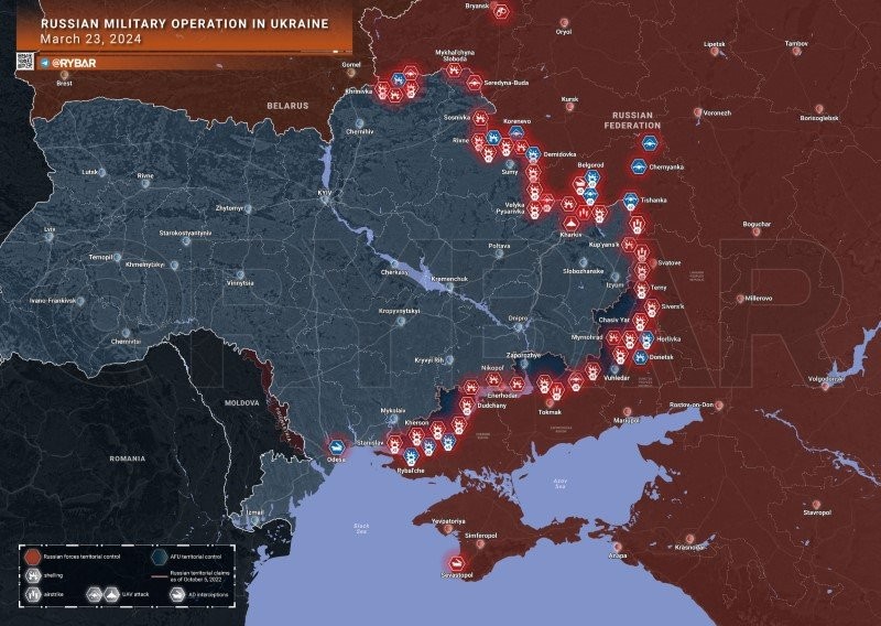 Bản đồ chiến sự Ukraine ngày 23/3. (Ảnh: Rybar)