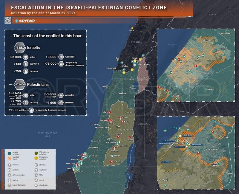 Bản đồ xung đột Israel - Hamas ngày 29/3. (Ảnh: Rybar)