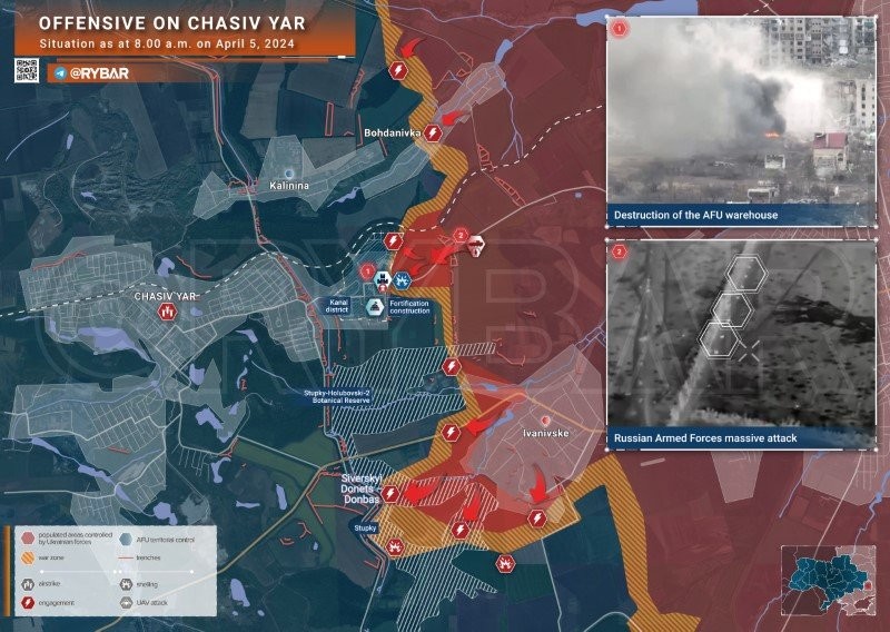 Bản đồ chiến sự Ukraine ngày 5/4, khu vực Chasov Yar (Ảnh: Rybar)