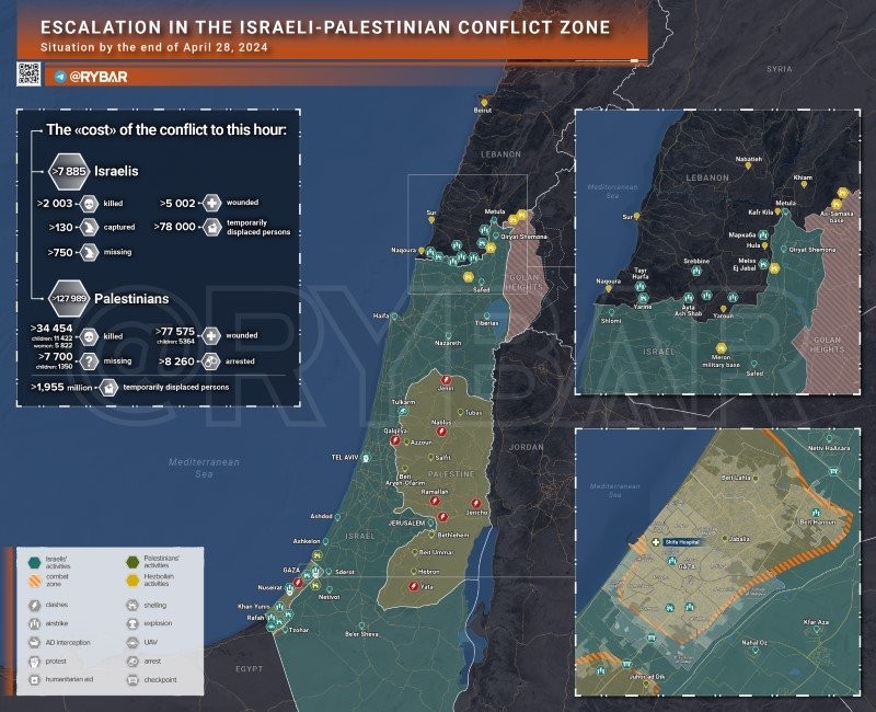 Bản đồ xung đột Israel - Hamas ngày 28/4. (Ảnh: Rybar)