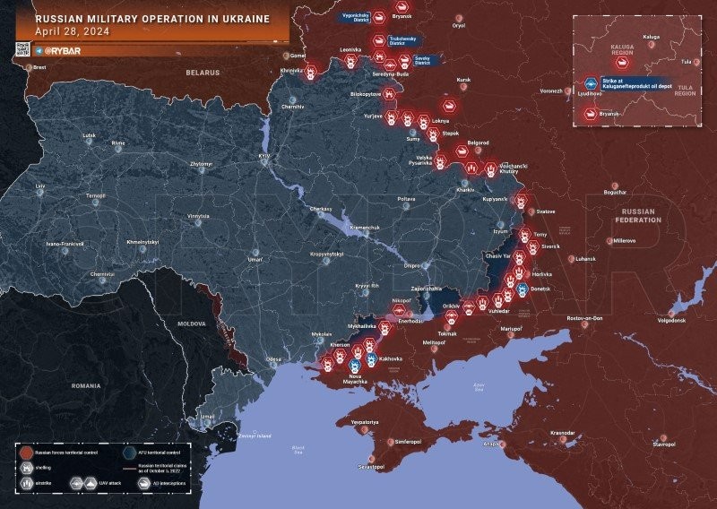 Bản đồ chiến sự Ukraine ngày 28/4. (Ảnh: Rybar)