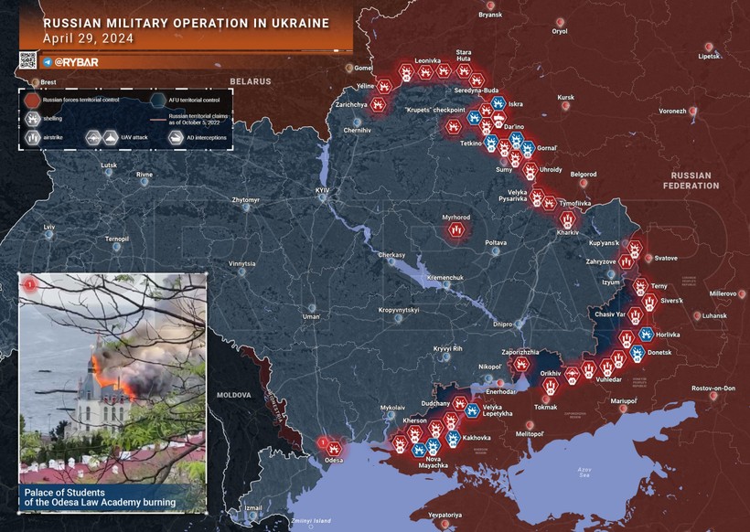 Bản đồ chiến sự Ukraine ngày 29/4. (Ảnh: Rybar)