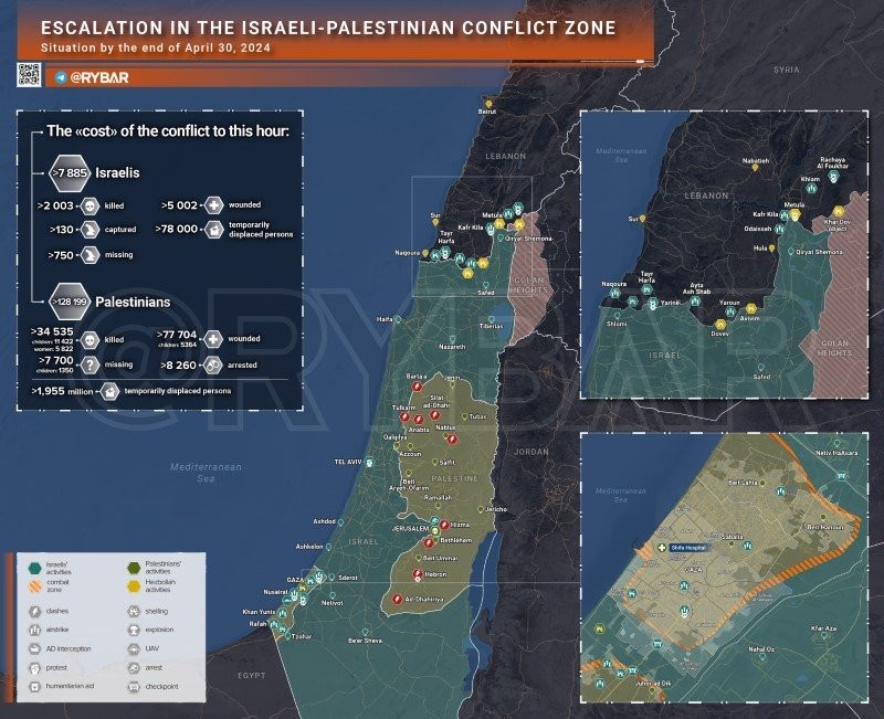 Bản đồ xung đột Israel - Hamas ngày 30/4. (Ảnh: Rybar)