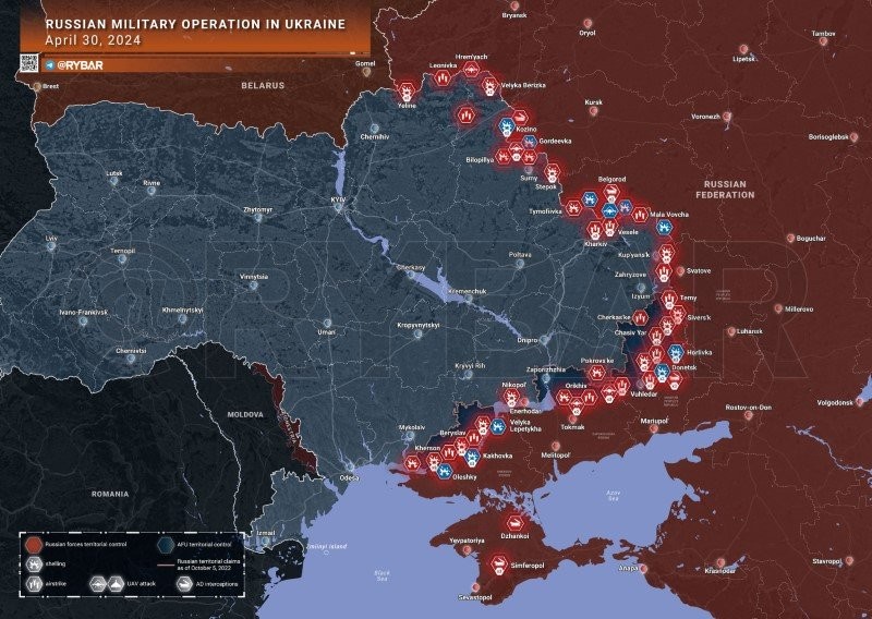 Bản đồ chiến sự Ukraine ngày 30/4. (Ảnh: Rybar)