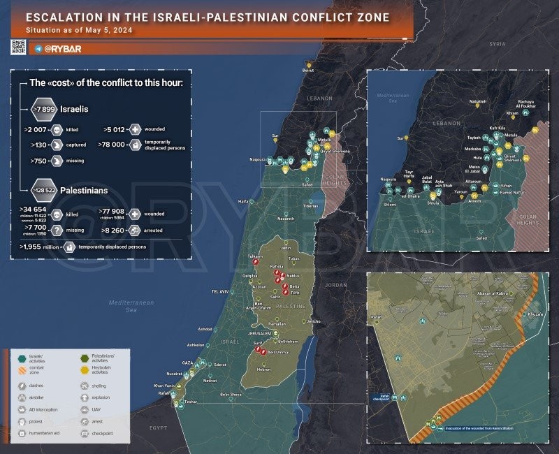 Bản đồ xung đột Israel - Hamas ngày 5/5. (Ảnh: Rybar)