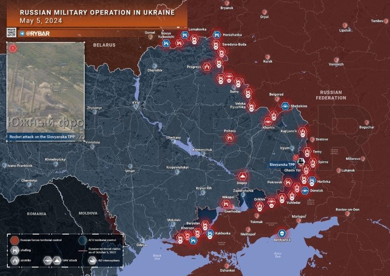 Bản đồ chiến sự Ukraine ngày 5/5. (Ảnh: Rybar)