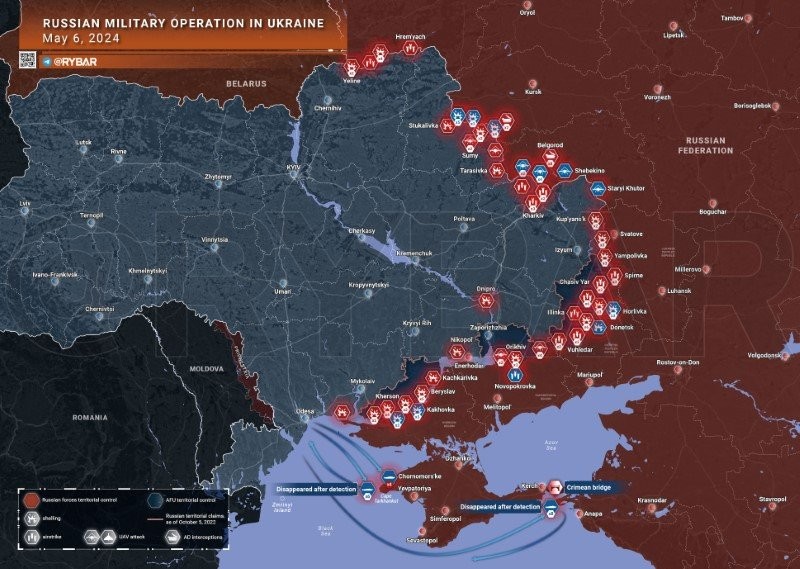 Bản đồ chiến sự Ukraine ngày 6/5. (Ảnh: Rybar)