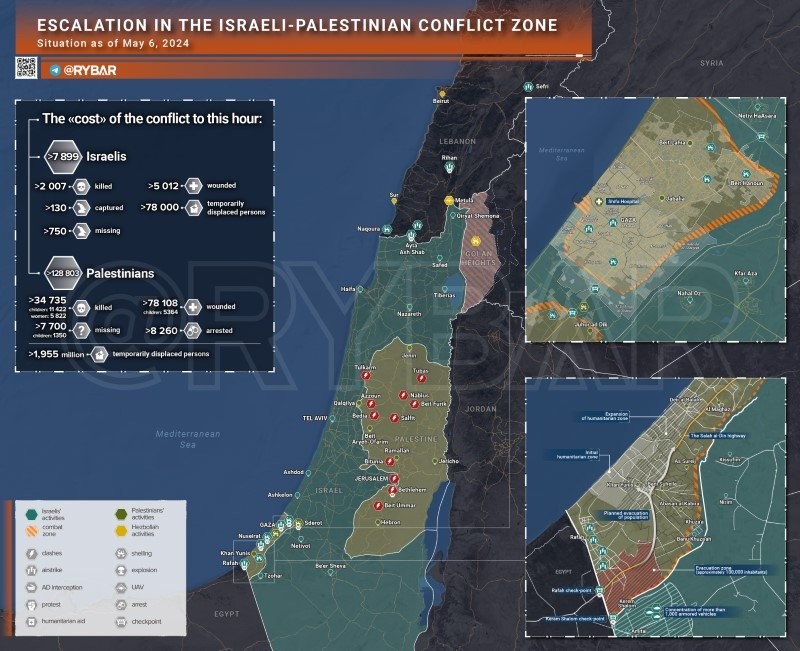Bản đồ xung đột Israel - Hamas ngày 6/5. (Ảnh: Rybar)
