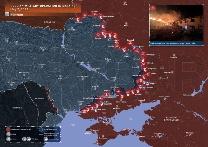 Bản đồ chiến sự Ukraine ngày 7/5. (Ảnh: Rybar)