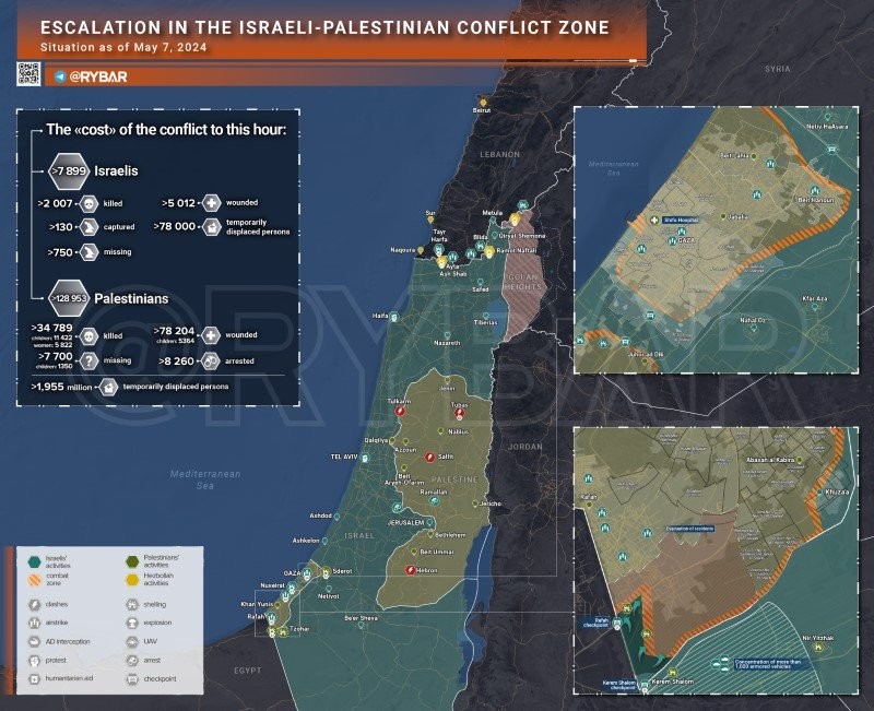 Bản đồ xung đột Israel - Hamas ngày 7/5. (Ảnh: Rybar)