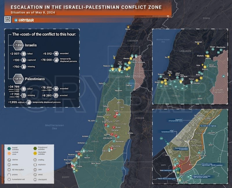 Bản đồ xung đột Israel - Hamas ngày 8/5. (Ảnh: Rybar)