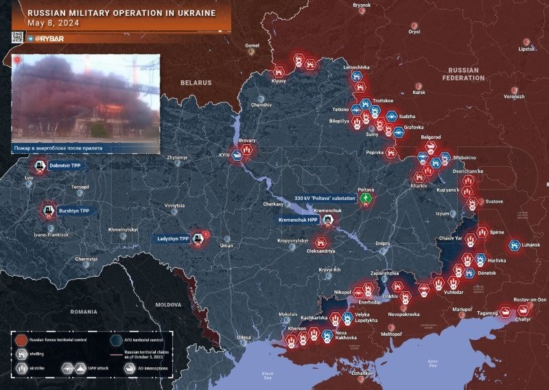Bản đồ chiến sự Ukraine ngày 8/5. (Ảnh: Rybar)