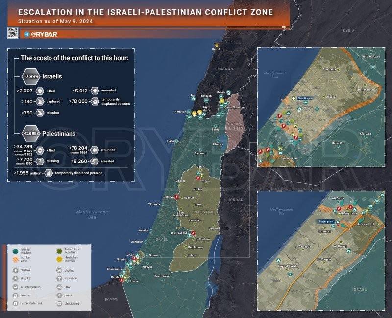 Bản đồ xung đột Israel - Hamas ngày 9/5. (Ảnh: Rybar)