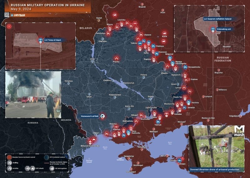 Bản đồ chiến sự Ukraine ngày 9/5. (Ảnh: Rybar)