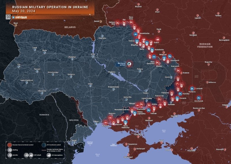 Bản đồ chiến sự Ukraine ngày 20/5. (Ảnh: Rybar)