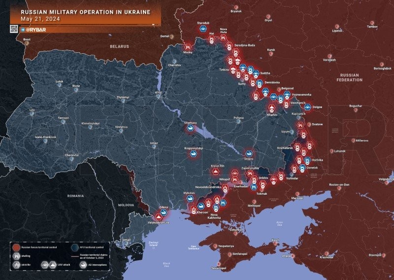 Bản đồ chiến sự Ukraine ngày 21/5. (Ảnh: Rybar)