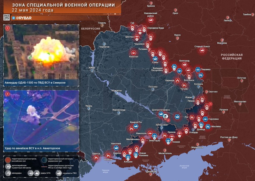 Bản đồ chiến sự Ukraine ngày 22/5. (Ảnh: Rybar)