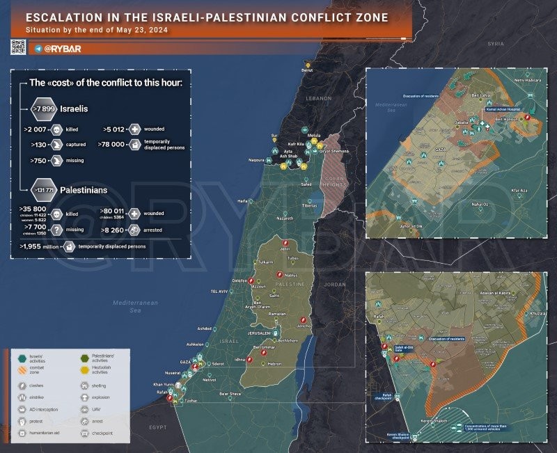 Bản đồ xung đột Israel - Hamas ngày 23/5. (Ảnh: Rybar)