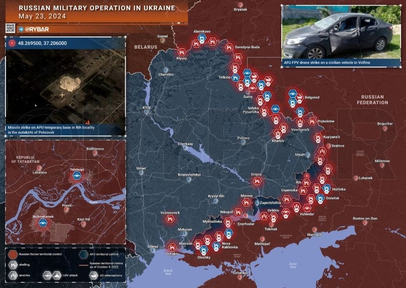 Bản đồ chiến sự Ukraine ngày 23/5. (Ảnh: Rybar)