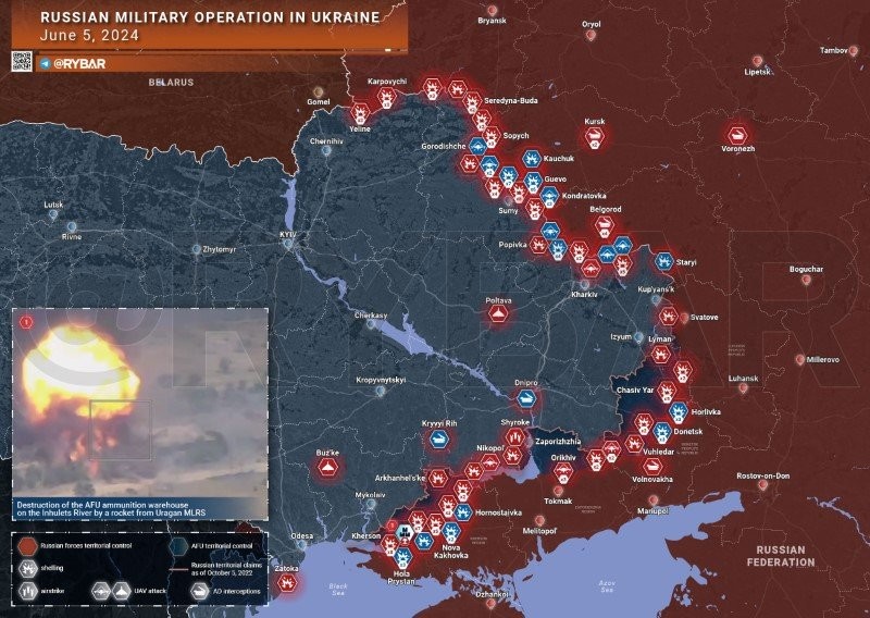 Bản đồ chiến sự Ukraine ngày 5/6. (Ảnh: Rybar)