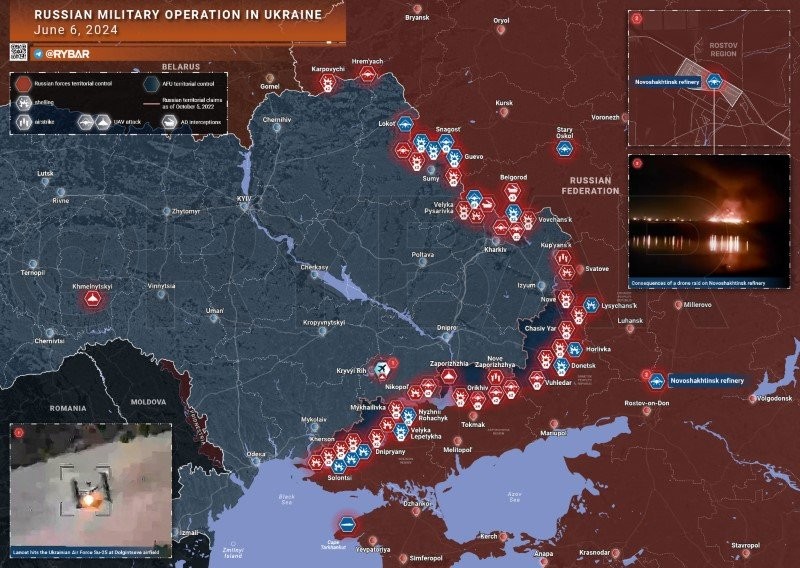 Bản đồ chiến sự Ukraine ngày 6/6. (Ảnh: Rybar)