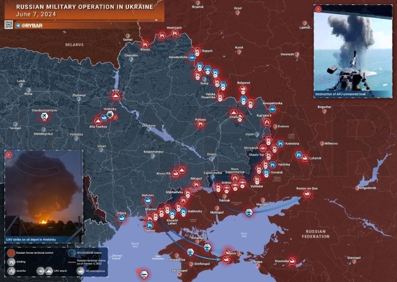 Bản đồ chiến sự Ukraine ngày 7/6. (Ảnh: Rybar)