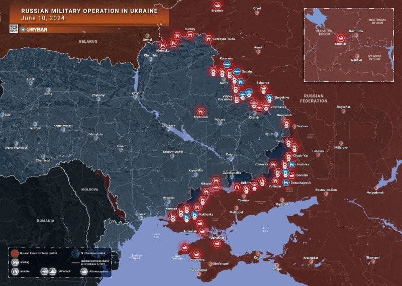 Bản đồ chiến sự Ukraine ngày 10/6. (Ảnh: Rybar)