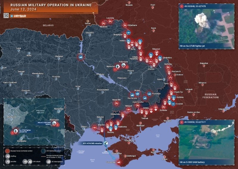 Bản đồ chiến sự Ukraine ngày 12/6. (Ảnh: Rybar)