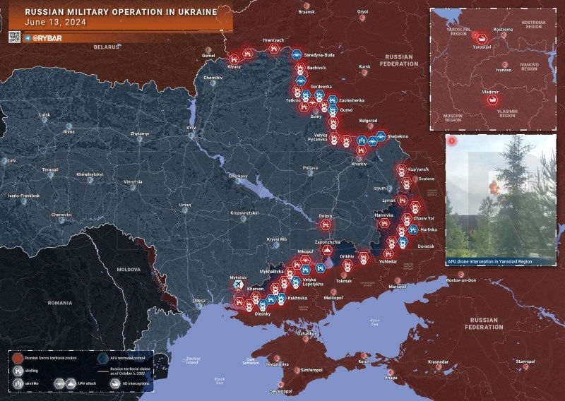 Bản đồ chiến sự Ukraine ngày 13/6. (Ảnh: Rybar)