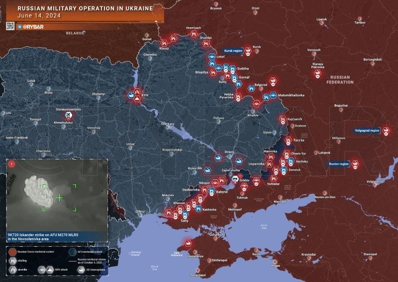 Bản đồ chiến sự Ukraine ngày 14/6. (Ảnh: Rybar)