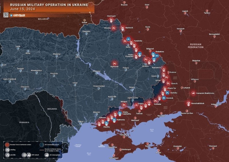 Bản đồ chiến sự Ukraine ngày 15/6. (Ảnh: Rybar)