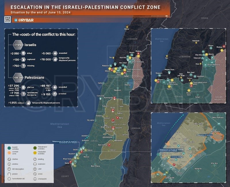 Bản đồ xung đột Israel - Hamas ngày 15/6. (Ảnh: Rybar)