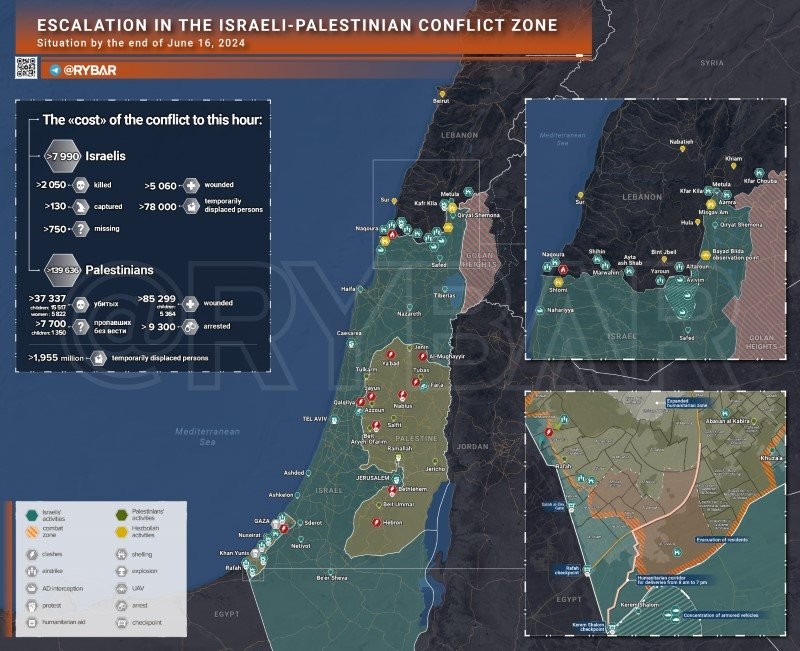 Bản đồ xung đột Israel - Hamas ngày 16/6. (Ảnh: Rybar)