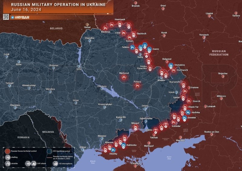 Bản đồ chiến sự Ukraine ngày 16/6. (Ảnh: Rybar)