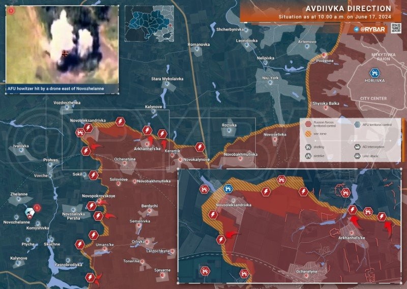 Bản đồ chiến sự Ukraine ngày 17/6, hướng Avdeevka. (Ảnh: Rybar)