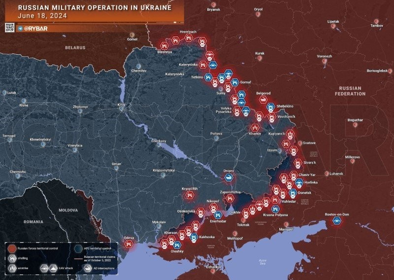 Bản đồ chiến sự Ukraine ngày 18/6. (Ảnh: Rybar)