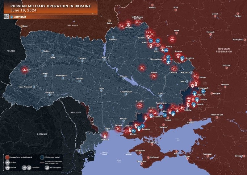 Bản đồ chiến sự Ukraine ngày 19/6. (Ảnh: Rybar)