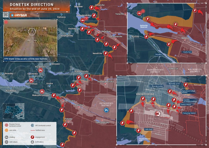 Bản đồ chiến sự Ukraine ngày 20/6, hướng Donetsk. (Ảnh: Rybar)