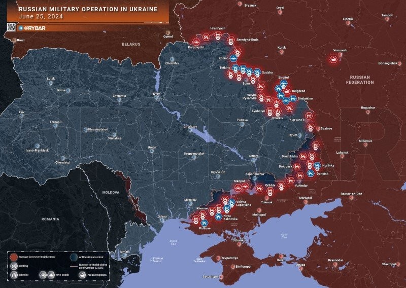 Bản đồ chiến sự Ukraine ngày 25/6. (Ảnh: Rybar)
