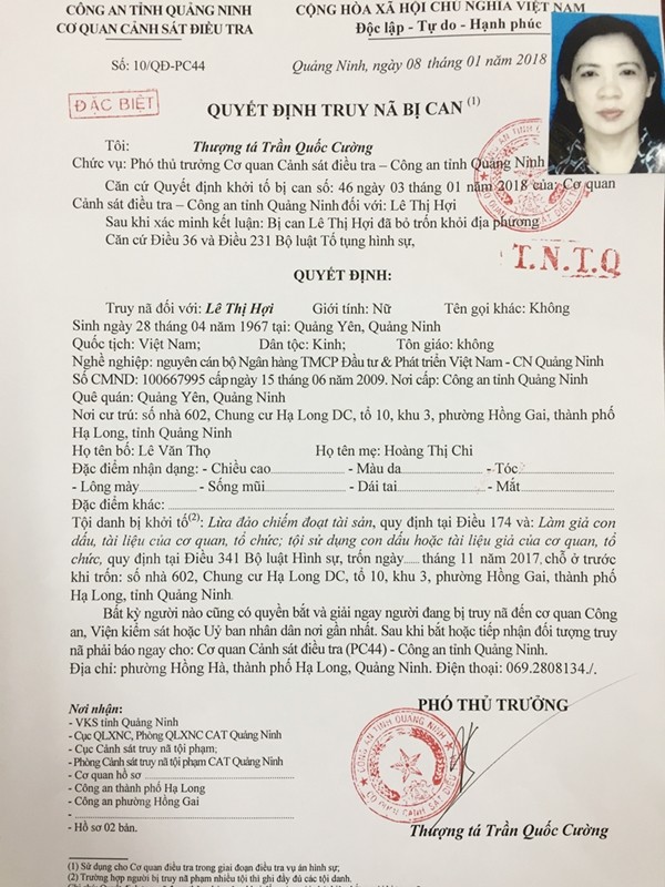 Quyết định truy nã đối tượng Lê Thị Hợi, ảnh: QTV