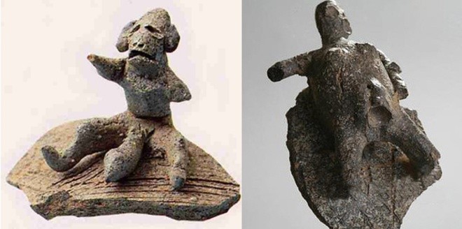 Tượng đàn ông có dương vật lớn (trái) và phụ nữ đang sinh con (phải) của văn hóa Silla. 